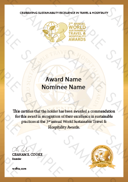 World Sustainable Travel & Hospitality Awards commendation certificate sample